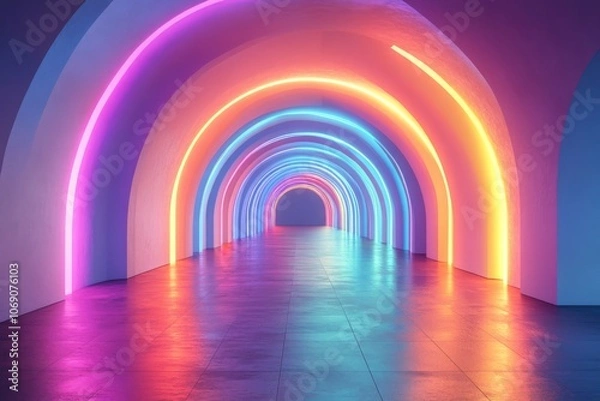 Fototapeta Abstract Neon Tunnel with Colorful Lights and Archway