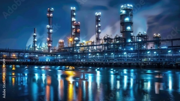 Obraz Illuminated Industrial Plant at Night