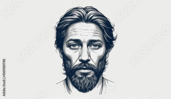 Fototapeta Detailed illustration of a bearded man with long hair expressing a thoughtful demeanor, against a simple background