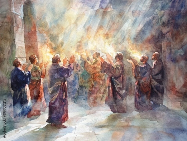 Fototapeta Apostles in the Upper Room receiving the Holy Spirit, gentle watercolor strokes capturing light rays and ethereal flames above each figure