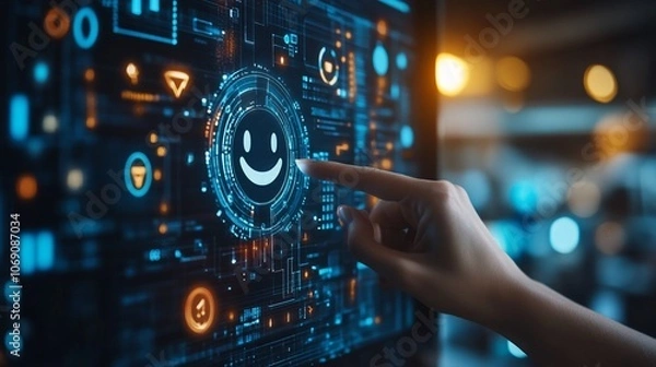 Fototapeta A hand points at a smiley face icon on a computer screen, representing customer satisfaction and positive feedback.