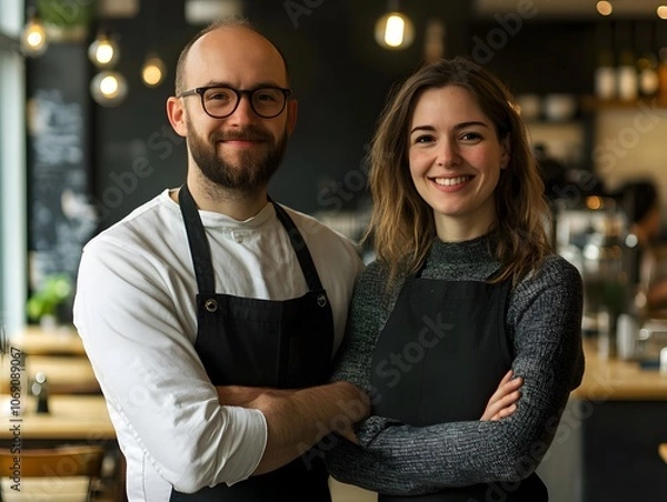 Obraz Portrait, arms crossed or happy couple in restaurant or cafe with smile or small business together. Teamwork, proud woman or managers at coffee shop or diner with hospitality service in partnership