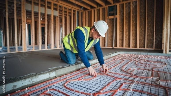 Fototapeta Construction worker installing radiant floor heating in new building