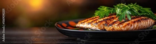Fototapeta A beautifully grilled salmon fillet garnished with fresh herbs, presented on a black plate, showcasing a warm and inviting ambiance.