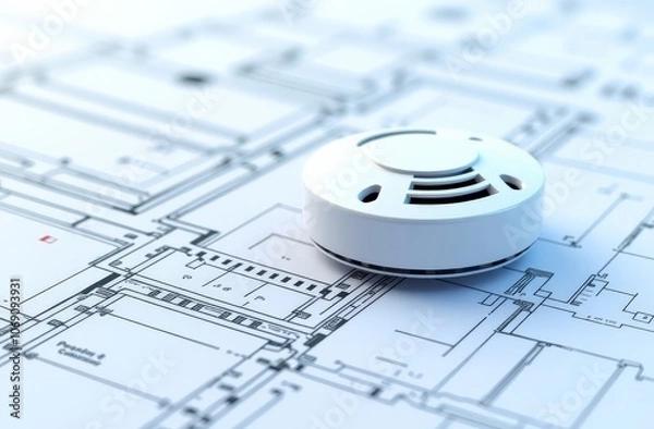 Fototapeta Smoke detector placed on architectural blueprint for safety design