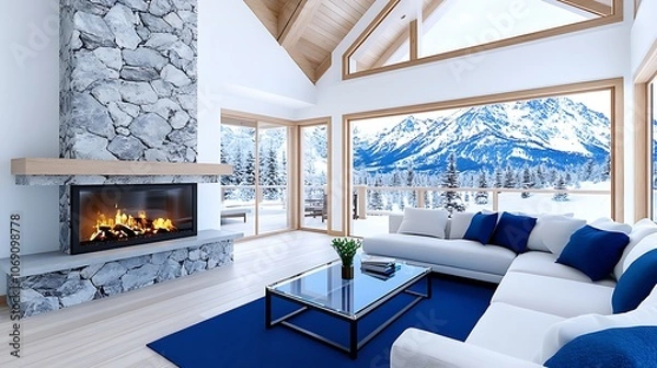 Fototapeta Modern Cabin Living Room With Fireplace And Mountain View
