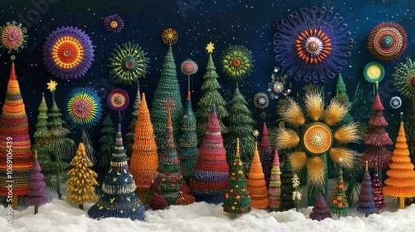 Fototapeta Whimsical forest scene featuring abstract, vibrant trees with colorful fireworks against a starry night sky, creating a festive, fantasy atmosphere.
