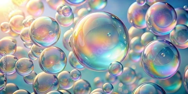 Fototapeta Floating Iridescent Bubbles with Soft Blue Background, 3D Illustration, Abstract, Bubbles, Light