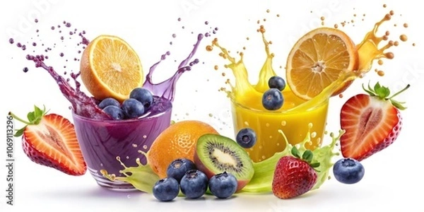 Fototapeta Fruit Splash Composition - Orange, Blueberry, and Strawberry Juices, fruit juice, splash, smoothie