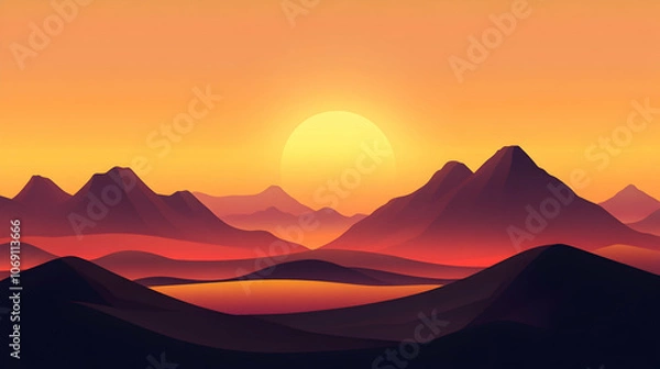 Obraz A stylized sunset over a mountain range with a warm color palette.