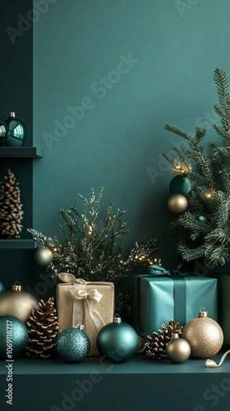 Obraz A beautifully arranged festive Christmas scene with presents and decorations on a teal background