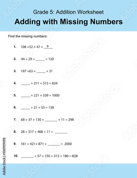 Fototapeta Maths Addition Worksheets Vector For Grade 5 Students, Teachers, and Parents. Mathematics Worksheet Illustration.