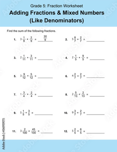 Fototapeta Maths Addition Worksheets Vector For Grade 5 Students, Teachers, and Parents. Mathematics Worksheet Illustration.