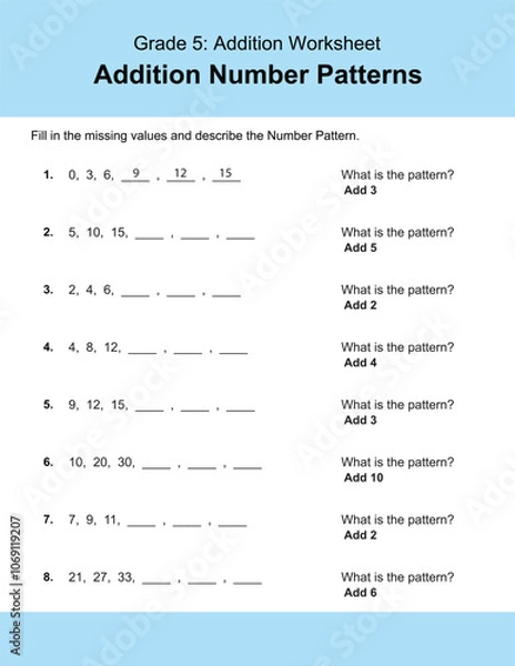 Fototapeta Maths Addition Worksheets Vector For Grade 5 Students, Teachers, and Parents. Mathematics Worksheet Illustration.