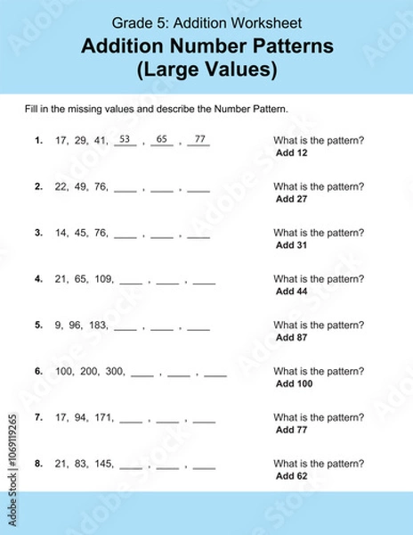 Fototapeta Maths Addition Worksheets Vector For Grade 5 Students, Teachers, and Parents. Mathematics Worksheet Illustration.