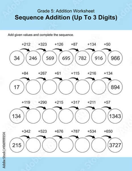Fototapeta Maths Addition Worksheets Vector For Grade 5 Students, Teachers, and Parents. Mathematics Worksheet Illustration.