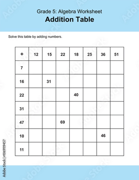 Fototapeta Maths Addition Worksheets Vector For Grade 5 Students, Teachers, and Parents. Mathematics Worksheet Illustration.