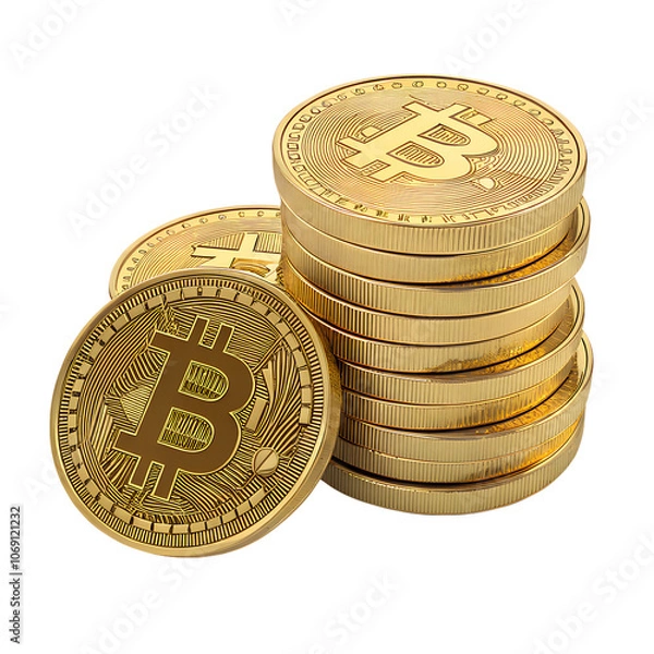 Fototapeta Stack of shiny gold coins, isolated on a white background, detailed coin texture, high resolution.
