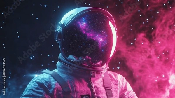 Fototapeta An astronaut's helmet reflects a vibrant nebula, bathed in neon pink and blue light against a starry backdrop.