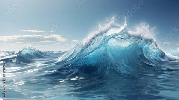 Obraz A stunning ocean wave captured in vibrant blue tones, cresting under a clear sky with fluffy clouds in the background.