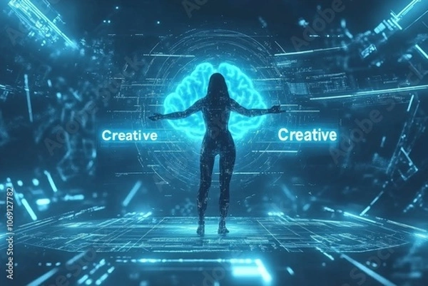 Obraz Digital display of AI cells in blue and red highlighting biotechnology artificial intelligence and molecular innovation within a high tech scientific research context