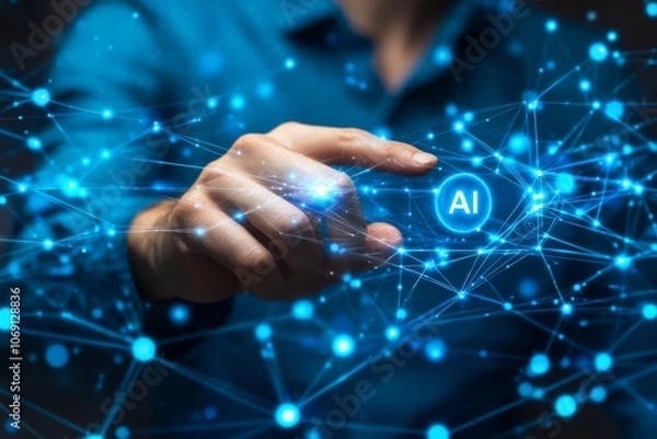 Fototapeta Illuminated hand interacting with AI digital network showcasing interconnected technology nodes holographic circuits and blue glowing neural pathways in a futuristic dark setting