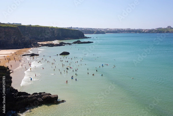 Fototapeta Skyline of Lusty Glaze with Newquay in background in Cornwall