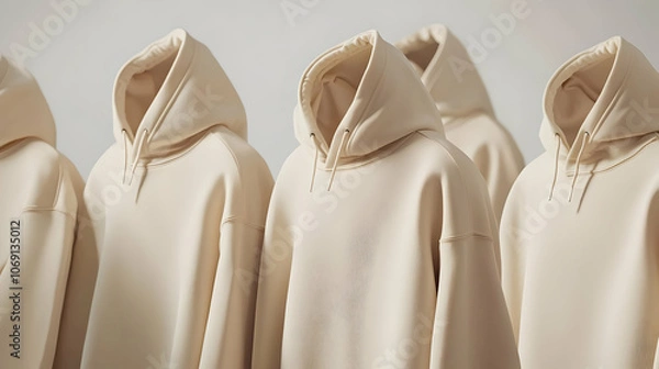 Fototapeta Hoodie Mockup - A collection of beige hoodies displayed in a row, emphasizing fashion and style.