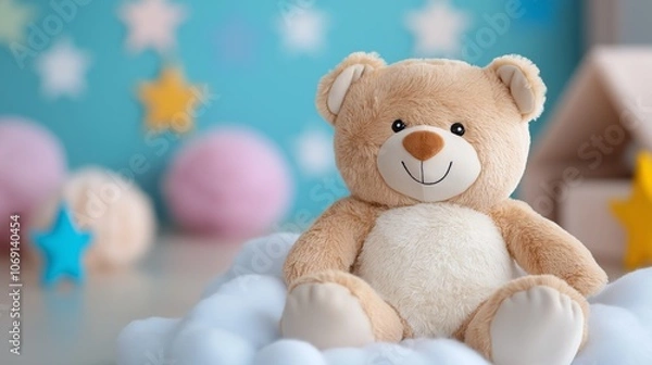 Obraz cute brown teddy bear on bed at home with decorated lights