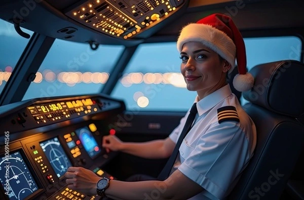 Fototapeta The pilot of a passenger plane, a beautiful girl, sits in the cockpit behind the glowing instruments in a white shirt and a Santa hat and smiles. Passenger transportation concept during the Christmas 