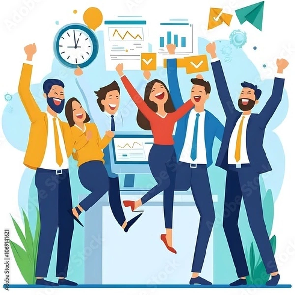 Fototapeta A sales team celebrating with KPI metrics such as sales revenue and conversion rates prominently displayed in the background