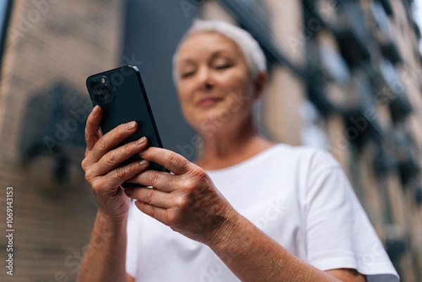 Obraz Selective focus of gray-haired senior lady using smartphone texting message standing on urban street on summertime. Middle aged woman grandma hold phone typing sms enjoying communication in mobile app