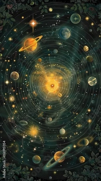 Fototapeta A vibrant cosmic solar system illustrates planets, stars, and celestial bodies in a dynamic arrangement, showcasing the beauty and complexity of the universe in great detail