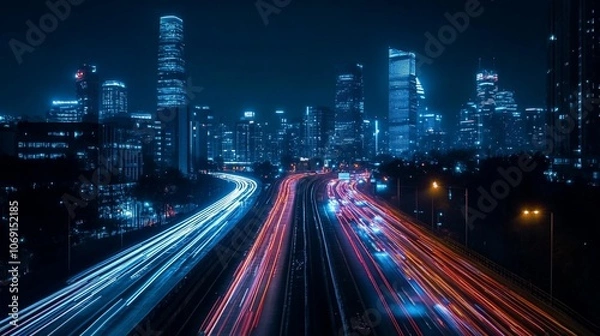 Fototapeta A long exposure shot of a highway in a city at night, with the city skyline in the background. The lights of the cars create streaks of light, showcasing the busy nature of urban life.