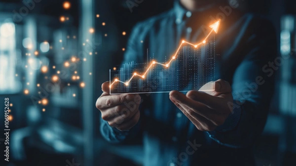 Obraz Businessman presenting a growing up arrow graph with innovative idea for business technology success