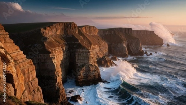 Fototapeta A breathtaking sunset over rugged cliffs, with waves crashing against the shoreline. The sky is painted in warm hues of orange and purple, creating a serene atmosphere.
