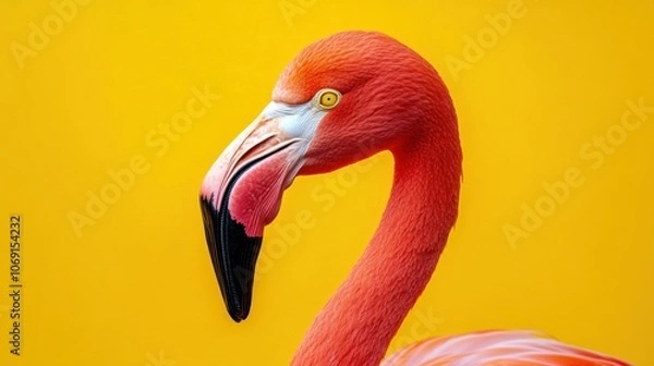 Fototapeta Close-up of a pink flamingo with vibrant feathers against a yellow background