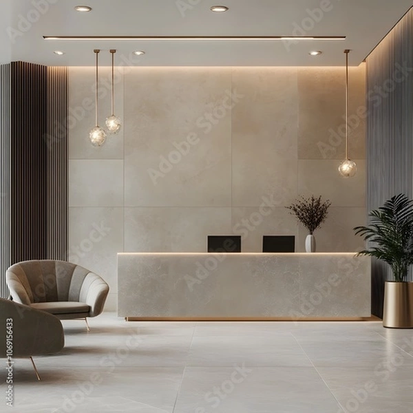 Fototapeta A stylish and modern corporate office lobby featuring a sleek reception desk and a comfortable seating area