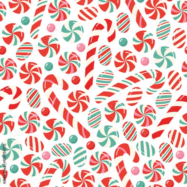 Fototapeta Christmas candies seamless pattern. Various holiday traditional sweets background. Flat vector illustration
