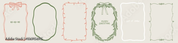 Fototapeta Christmas decoration border with fir branches, bow and ribbon, lights in vintage doodle style for poster, placards and invitations. Christmas and New Year design holiday frame vector illustration set.