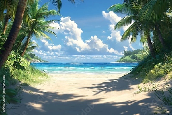 Fototapeta Golden Sunlight Through Palm Trees on Tranquil Beach