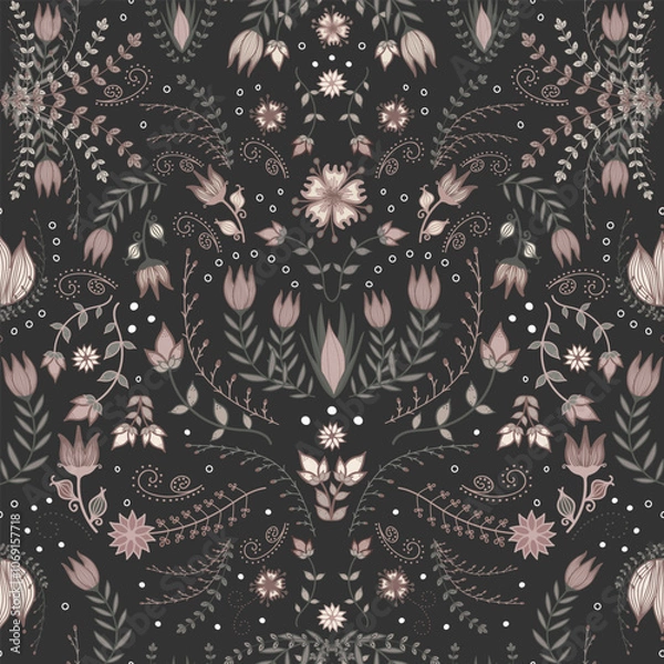 Fototapeta Gothic floral pattern featuring pink tulips and green foliage in a vintage folk style. Symmetrical and decorative, with whimsical flowers on a black background for a Fairy-core look.