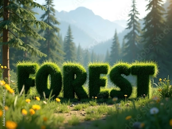 Fototapeta Forest, 3D realistic forest script. Forest path, wild flowers, tall pine trees and nature background. Digital art...