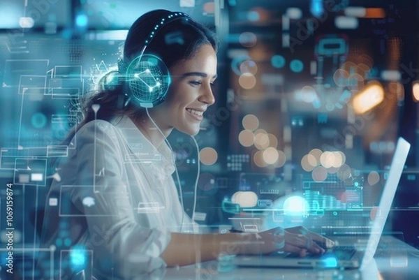 Fototapeta Young businesswoman multitasking with laptop and AI chatbot interface.