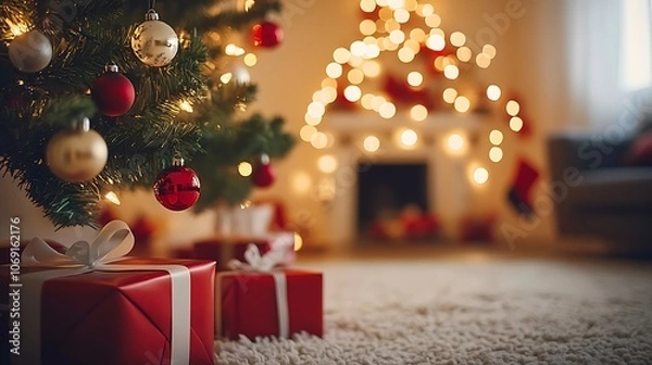 Fototapeta Festive Christmas Scene with Red Gift Boxes and Glowing Tree Lights : Generative AI