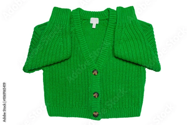 Obraz Casual elegant fluffy long-sleeved cardigan with V-neck and button closure isolated on a white background. Womens green sweater or jumper. Autumn and winter fashion.