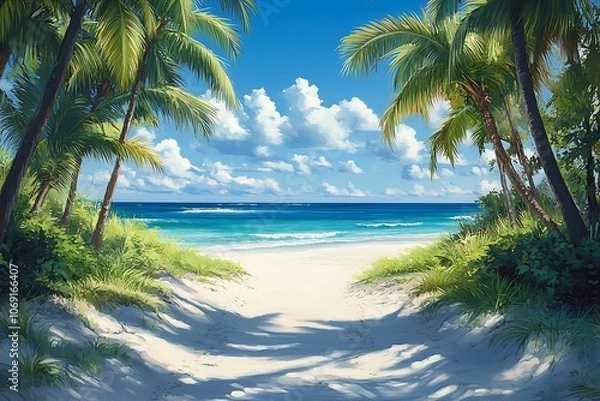 Fototapeta Palm Trees Frame White Sandy Path to Turquoise Ocean