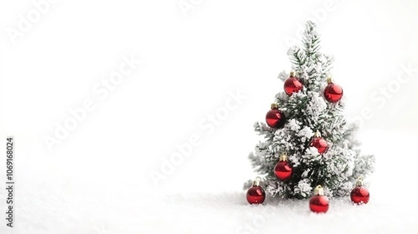Obraz Small snow-covered Christmas tree with red baubles