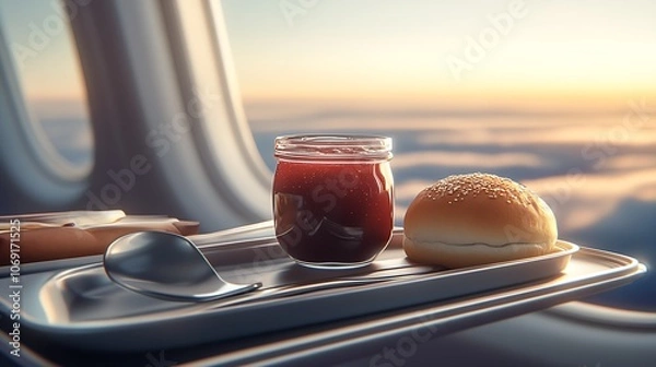 Fototapeta Airplane Culinary Delight with Bread Roll and Preserves in Flight : Generative AI