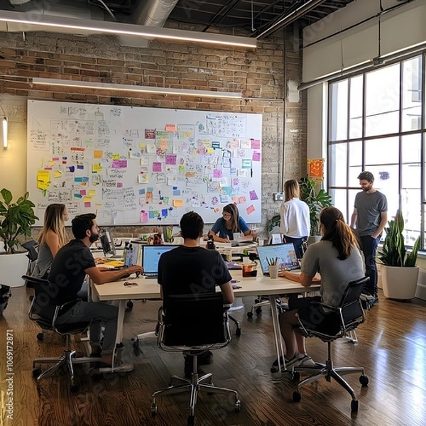 Fototapeta A vibrant creative agency on a busy day, with team members actively brainstorming and engaging with whiteboards covered in ideas